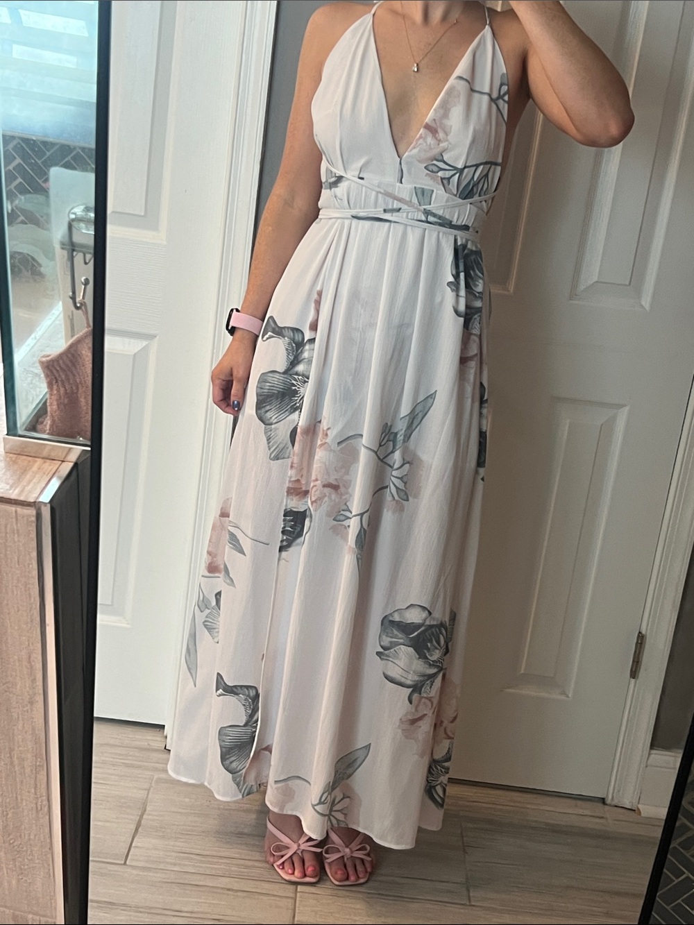 White Floral Halter Maxi Dress with Slit